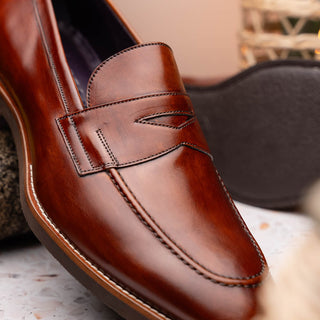 Zelli Italia Roma Men's Shoes Cognac Burnished Calf-Skin Leather Penny Loafer (ZEL1019)-AmbrogioShoes