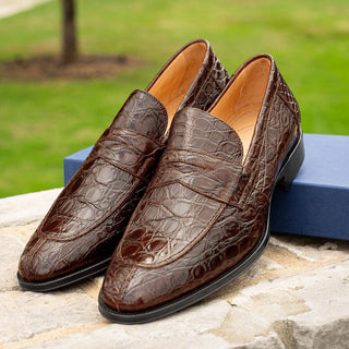 Zelli Italia Roma Men's Shoes Cognac Crocodile Skin Penny Loafer (ZEL1003)-AmbrogioShoes