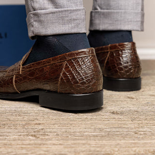 Zelli Italia Roma Men's Shoes Cognac Crocodile Skin Penny Loafer (ZEL1003)-AmbrogioShoes