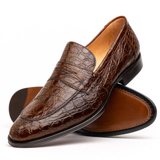 Zelli Italia Roma Men's Shoes Cognac Crocodile Skin Penny Loafer (ZEL1003)-AmbrogioShoes