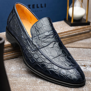 Zelli Italia Roma Men's Shoes Navy Crocodile Skin Penny Loafer (ZEL1003)-AmbrogioShoes