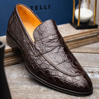 Zelli Italia Roma Men's Shoes Nicotine Crocodile Skin Penny Loafer (ZEL1003)-AmbrogioShoes
