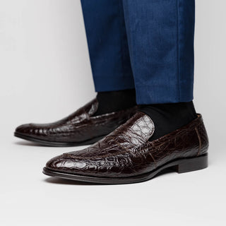 Zelli Italia Roma Men's Shoes Nicotine Crocodile Skin Penny Loafer (ZEL1003)-AmbrogioShoes