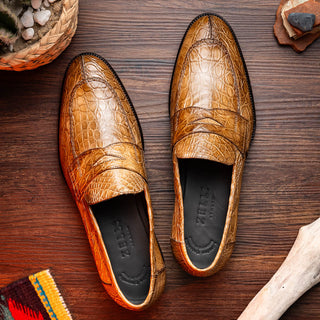 Zelli Italia Roma Men's Shoes Taupe Crocodile Skin Penny Loafer (ZEL1003)-AmbrogioShoes