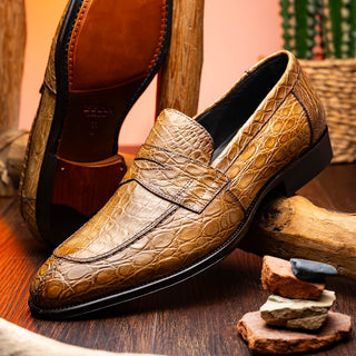 Zelli Italia Roma Men's Shoes Taupe Crocodile Skin Penny Loafer (ZEL1003)-AmbrogioShoes