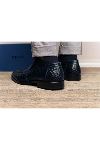 Zelli Italia Roma Navy Crocodile Skin Penny Loafer (ZEL1003)-AmbrogioShoes