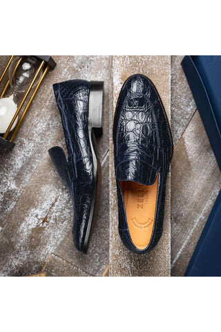 Zelli Italia Roma Navy Crocodile Skin Penny Loafer (ZEL1003)-AmbrogioShoes