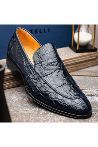 Zelli Italia Roma Navy Crocodile Skin Penny Loafer (ZEL1003)-AmbrogioShoes