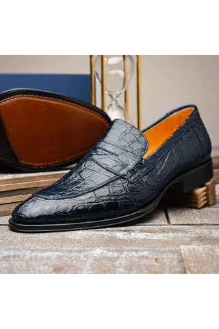 Zelli Italia Roma Navy Crocodile Skin Penny Loafer (ZEL1003)-AmbrogioShoes
