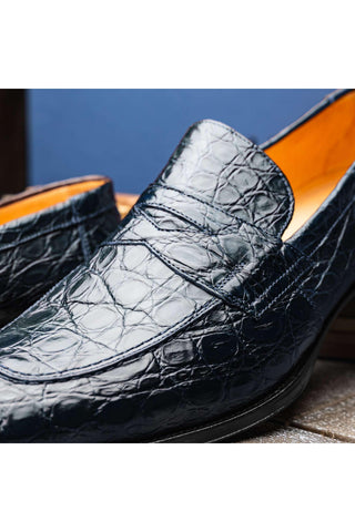 Zelli Italia Roma Navy Crocodile Skin Penny Loafer (ZEL1003)-AmbrogioShoes