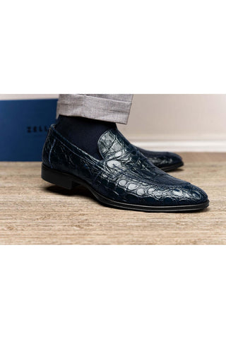Zelli Italia Roma Navy Crocodile Skin Penny Loafer (ZEL1003)-AmbrogioShoes