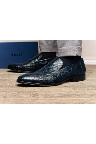 Zelli Italia Roma Navy Crocodile Skin Penny Loafer (ZEL1003)-AmbrogioShoes