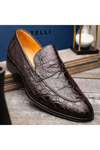 Zelli Italia Roma Nicotine Crocodile Skin Penny Loafer (ZEL1003)-AmbrogioShoes