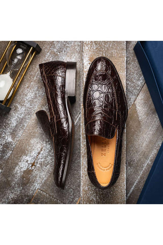 Zelli Italia Roma Nicotine Crocodile Skin Penny Loafer (ZEL1003)-AmbrogioShoes