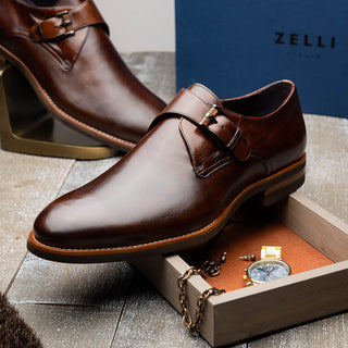 Zelli Italia Roman Men's Shoes Chestnut Calf-Skin Leather Single Monk-Strap (ZEL1076)-AmbrogioShoes
