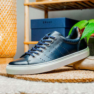 Zelli Italia Russo Men's Shoes Navy Burnished Calf-Skin Leather Sneaker (ZEL1050)-AmbrogioShoes