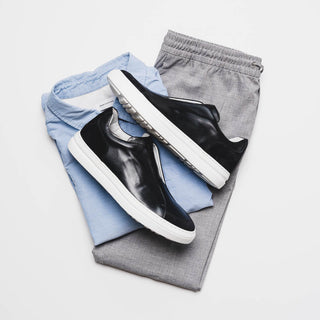 Zelli Italia Spettacolare Men's Shoes Black Pebble Grain Calf-Skin Leather Slip-On Sneaker (ZEL1051)-AmbrogioShoes