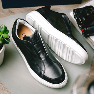 Zelli Italia Spettacolare Men's Shoes Black Pebble Grain Calf-Skin Leather Slip-On Sneaker (ZEL1051)-AmbrogioShoes