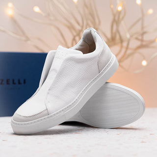 Zelli Italia Spettacolare Men's Shoes White Pebble Grain Calf-Skin Leather Slip-On Sneaker (ZEL1051)-AmbrogioShoes