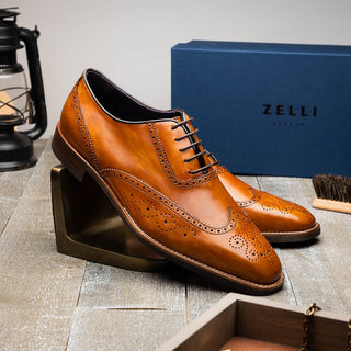 Zelli Italia Stephano Men's Shoes Camel Calf-Skin Leather Wing-Tip Oxford (ZEL1039)-AmbrogioShoes