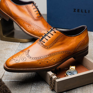 Zelli Italia Stephano Men's Shoes Camel Calf-Skin Leather Wing-Tip Oxford (ZEL1039)-AmbrogioShoes