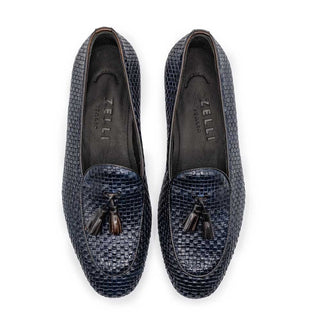 Zelli Italia Tino Men's Shoes Navy Woven Calf-skin Leather Tassel Loafer (ZEL1007)-AmbrogioShoes