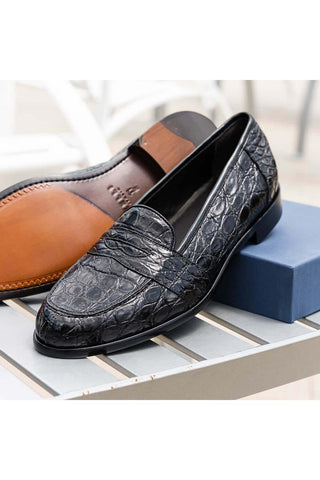 Zelli Italia Tuscany Black Crocodile Skin Penny Loafer (ZEL1000)-AmbrogioShoes