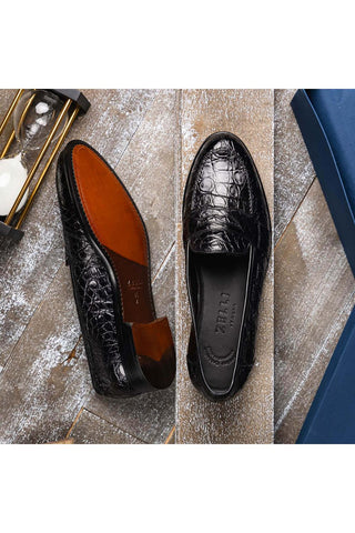 Zelli Italia Tuscany Black Crocodile Skin Penny Loafer (ZEL1000)-AmbrogioShoes