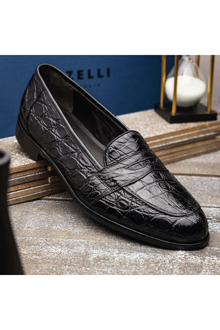 Zelli Italia Tuscany Black Crocodile Skin Penny Loafer (ZEL1000)-AmbrogioShoes