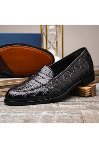Zelli Italia Tuscany Black Crocodile Skin Penny Loafer (ZEL1000)-AmbrogioShoes