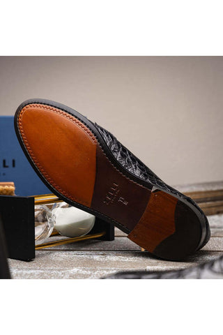 Zelli Italia Tuscany Black Crocodile Skin Penny Loafer (ZEL1000)-AmbrogioShoes
