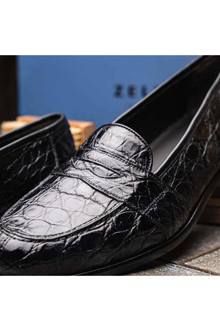 Zelli Italia Tuscany Black Crocodile Skin Penny Loafer (ZEL1000)-AmbrogioShoes