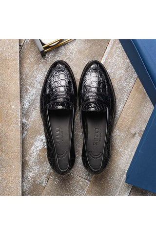 Zelli Italia Tuscany Black Crocodile Skin Penny Loafer (ZEL1000)-AmbrogioShoes