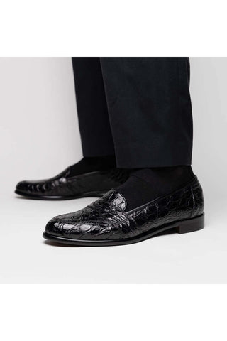 Zelli Italia Tuscany Black Crocodile Skin Penny Loafer (ZEL1000)-AmbrogioShoes