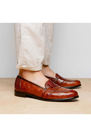 Zelli Italia Tuscany Cognac Crocodile Skin Penny Loafer (ZEL1000)-AmbrogioShoes