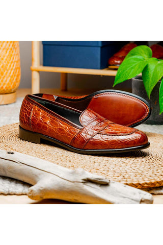 Zelli Italia Tuscany Cognac Crocodile Skin Penny Loafer (ZEL1000)-AmbrogioShoes
