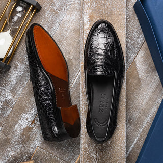 Zelli Italia Tuscany Men's Shoes Black Crocodile Skin Penny Loafer (ZEL1000)-AmbrogioShoes