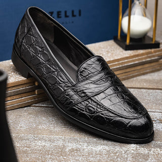 Zelli Italia Tuscany Men's Shoes Black Crocodile Skin Penny Loafer (ZEL1000)-AmbrogioShoes