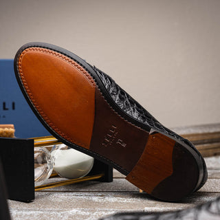 Zelli Italia Tuscany Men's Shoes Black Crocodile Skin Penny Loafer (ZEL1000)-AmbrogioShoes