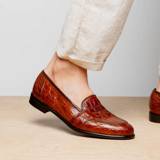 Zelli Italia Tuscany Men's Shoes Cognac Crocodile Skin Penny Loafer (ZEL1000)-AmbrogioShoes