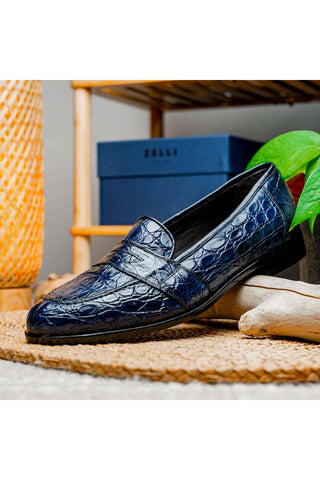 Zelli Italia Tuscany Navy Crocodile Skin Penny Loafer (ZEL1000)-AmbrogioShoes