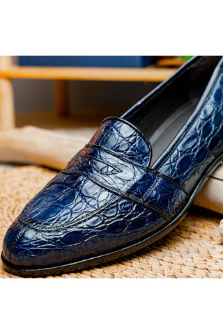 Zelli Italia Tuscany Navy Crocodile Skin Penny Loafer (ZEL1000)-AmbrogioShoes