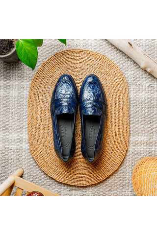 Zelli Italia Tuscany Navy Crocodile Skin Penny Loafer (ZEL1000)-AmbrogioShoes