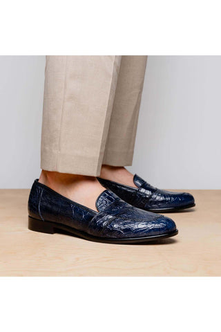 Zelli Italia Tuscany Navy Crocodile Skin Penny Loafer (ZEL1000)-AmbrogioShoes