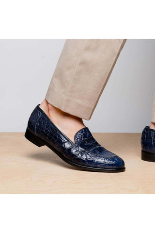 Zelli Italia Tuscany Navy Crocodile Skin Penny Loafer (ZEL1000)-AmbrogioShoes