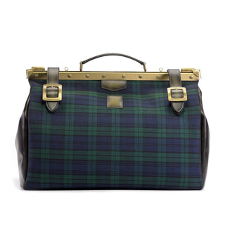Ambrogio Blue, Green & Olive Blackwatch Fabric / Calf-Skin Leather Doctor Bag (AMBH1028)-AmbrogioShoes