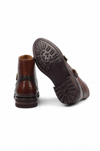 Ambrogio Brown Crocodile Print / Calf-Skin Leather Monk-Straps Chukka Boots (AMBS2014-RTW)-AmbrogioShoes