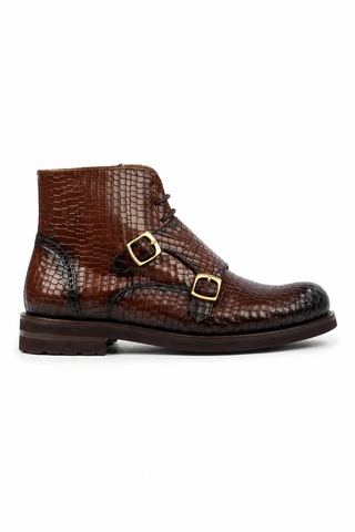 Ambrogio Brown Crocodile Print / Calf-Skin Leather Monk-Straps Chukka Boots (AMBS2014-RTW)-AmbrogioShoes
