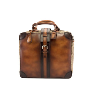 Ambrogio Cognac & Brown Tweed Sartorial Fabric / Full Grain Leather Travel Tote Bag (AMBH1027)-AmbrogioShoes