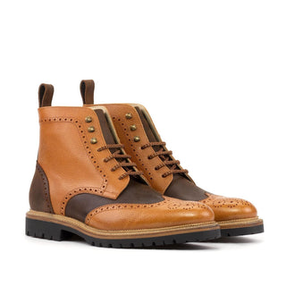 Ambrogio Handmade Cognac & Brown Waxed Suede / Full Grain Leather Military Brogue Boots (AMB2548)-AmbrogioShoes